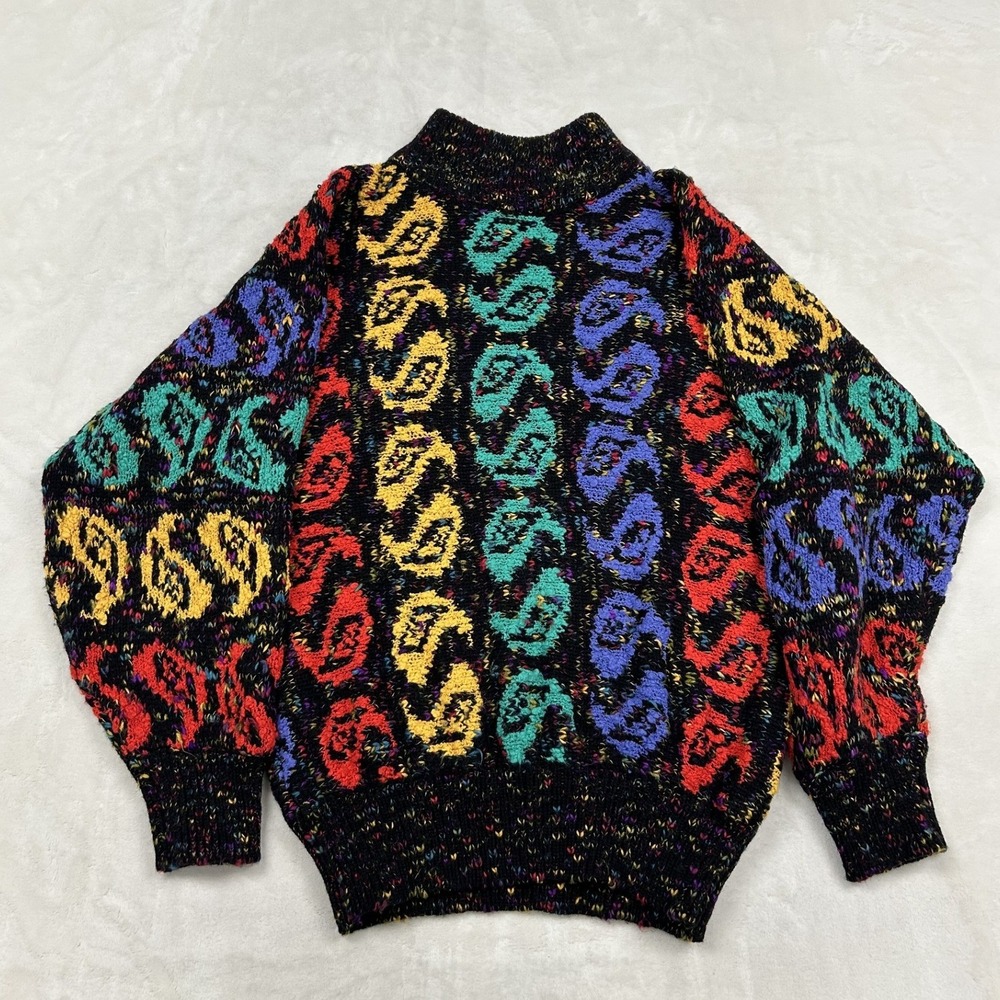 Blue Morgan Sweater Womens Small Black Multi Paisley Mock Neck Vintage Knit
